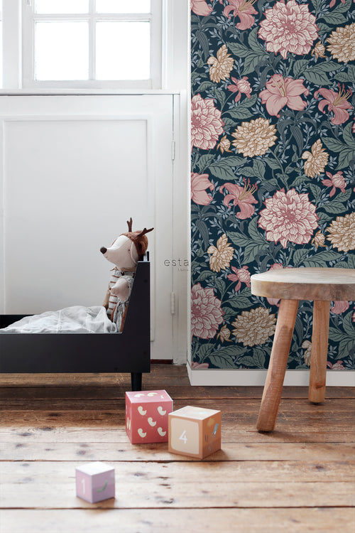 ESTAhome behang vintage bloemen blauw en oudroze - 53 cm x 10.05 m - 139382