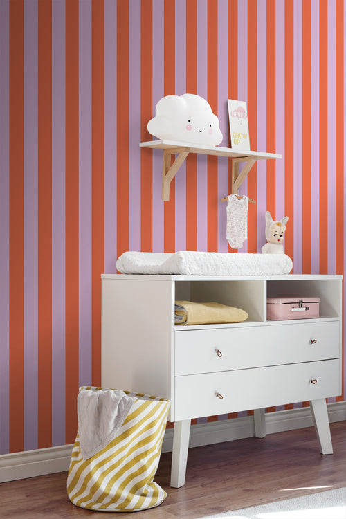 ESTAhome behang strepen oranje en lila paars - 53 cm x 10.05 m - 139904 - vtwonen shop