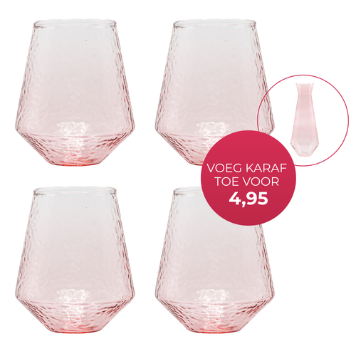Brût Homeware Water glazen roze, set van 4.  Extra roze karaf voor € 4,95