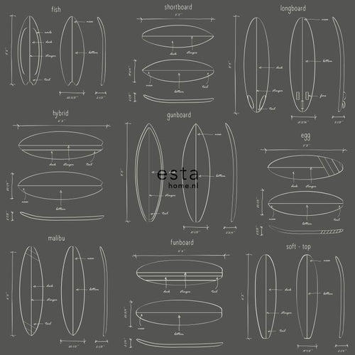 ESTAhome behang technische tekeningen van surfplanken donkergrijs - 53 cm x 10.05 m - 128872