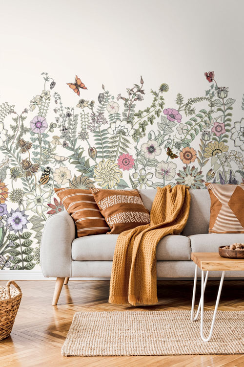 ESTAhome fotobehang bloemen & vlinders groen, oranje en paars - 250 x 279 cm - 159107