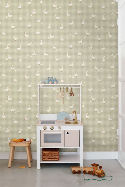 ESTAhome behang schattige ganzen vergrijsd groen - 50 x 900 cm - 132189