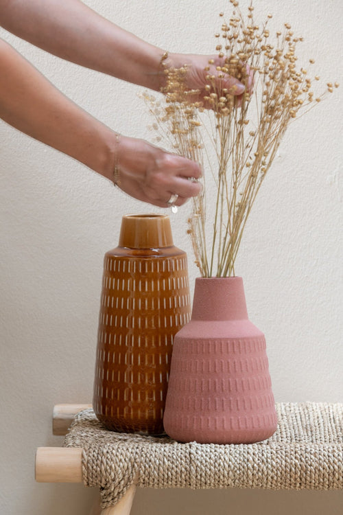 J-Line vaas Ria Gekerfd - porselein - terracotta - small - Ø 16 cm