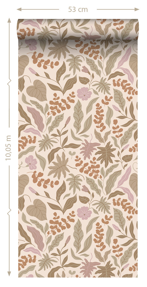 ESTAhome behang bladeren en bloemen warm beige, terracotta en paars - 50 x 900 cm - 131051 - vtwonen shop