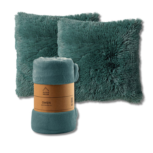 Dutch Decor - VOORDEELSET - 3-delig - Fluffy & Owen - 2 sierkussens 45x45 cm - 1 plaid 130x160 cm - groen - vtwonen shop