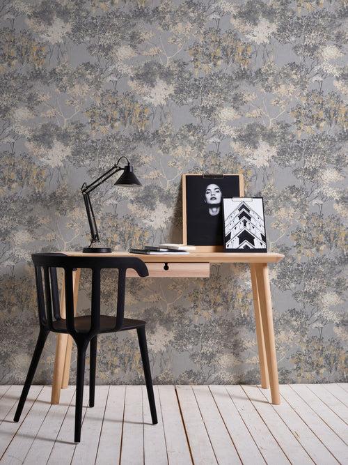 Livingwalls behang bloemmotief grijs, wit, beige, geel en zwart - 53 cm x 10.05 m - AS-391734