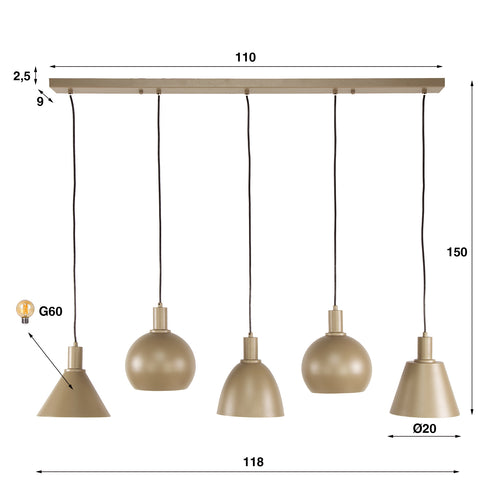 Hoyz Collection - Hanglamp Metallo Mix 5-lichts - Beige - vtwonen shop