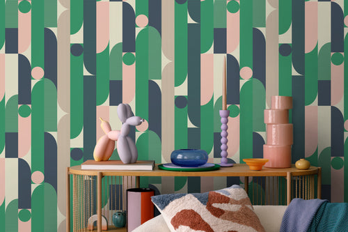ESTAhome behang geometrische vormen groen, blauw, roze en beige - 50 x 900 cm - 131062 - vtwonen shop