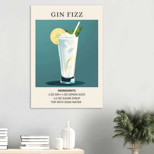 Artfulprints Poster met Lijst Gin Fizz cocktail - Ingrediënten   - 30x40 cm - Blauw