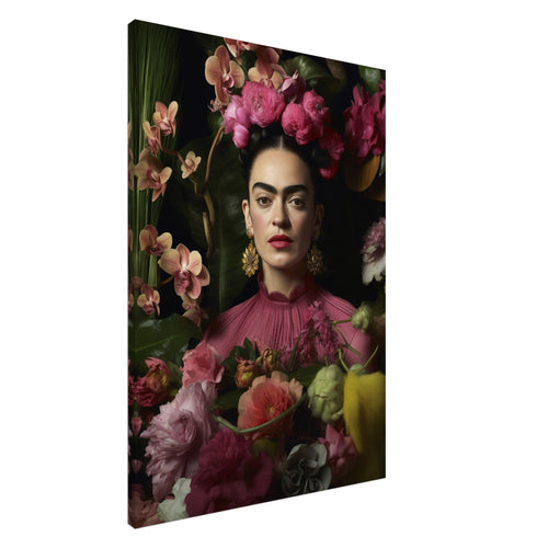 Artfulprints Canvas Frida Kahlo – Floral portrait canvas - 60x90 cm - Roze