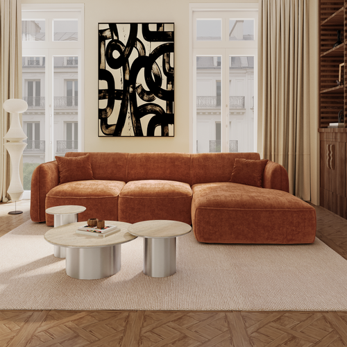 Premium Interiors - Rechthoekige hoekbank LOMI - gewaafd fluweel terracotta 274cm