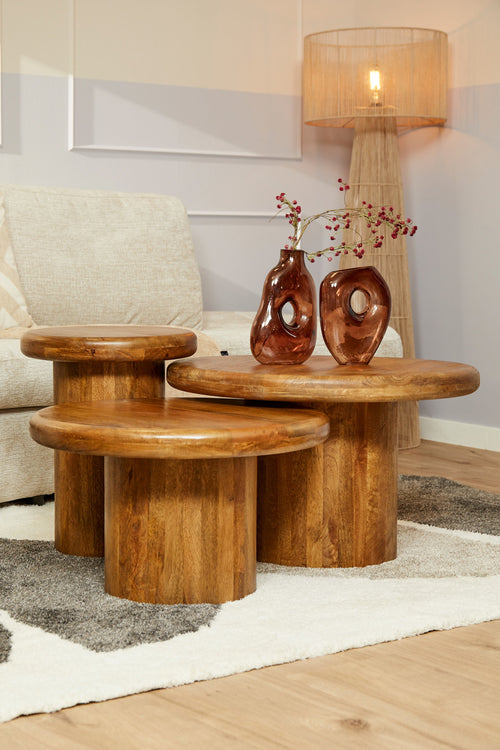 StarFurn Salontafel Maya - Rond Naturel Mangohout - Set van 3 - vtwonen shop