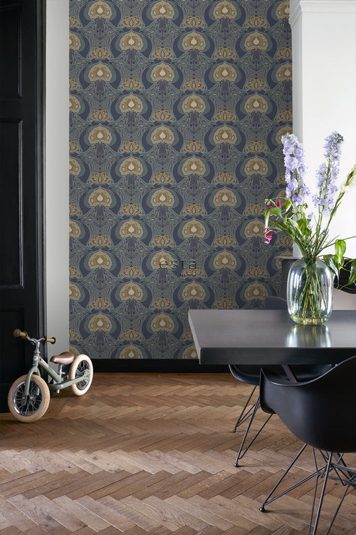 ESTAhome behang vintage bloemen in art nouveau stijl vergrijsd blauw - 0.53 x 10.05 m - 139572 - vtwonen shop