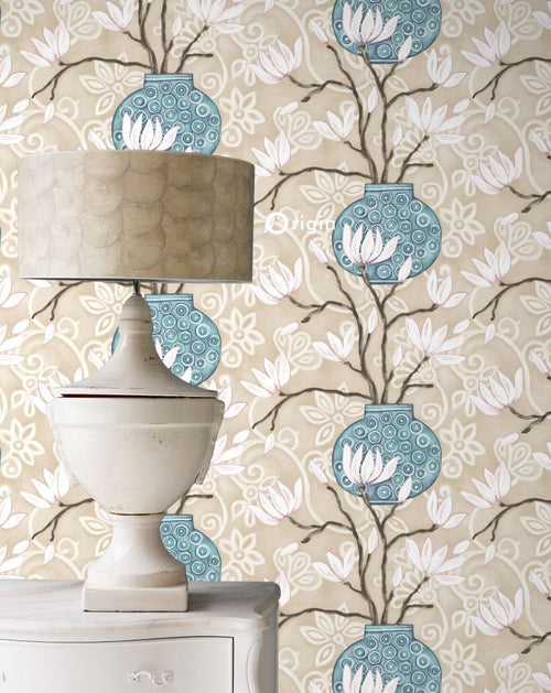 Origin Wallcoverings behang magnolia beige en turquoise - 53 cm x 10,05 m - 346923 - vtwonen shop