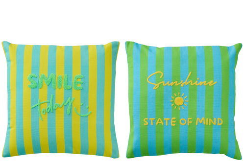 J-Line kussen Sunshine + Smile Gestreept - katoen - mix - set van 2