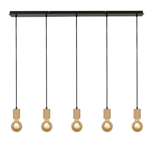 Spinny Plafondhanger met 5 lichtbalken - hout en zwart metaal