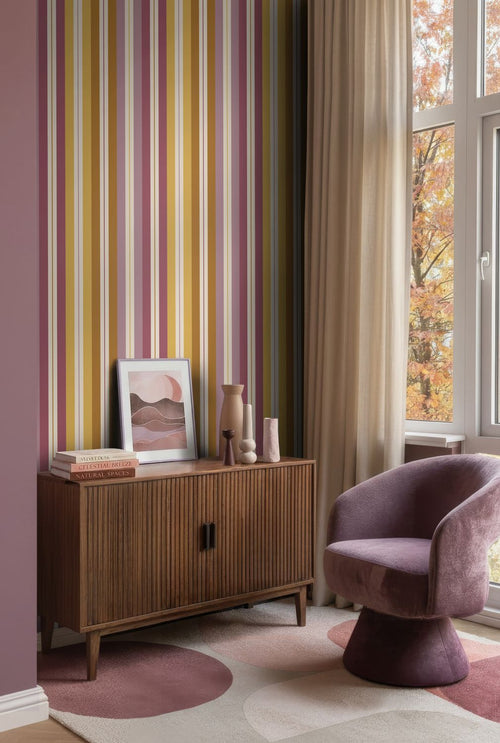 ESTAhome behang strepen bruin, paars en geel - 50 x 900 cm - 132037