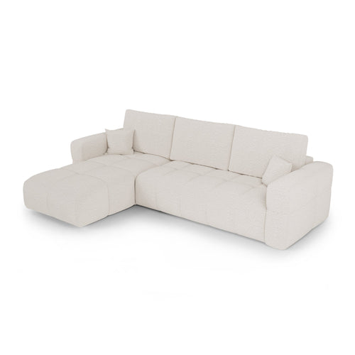 Premium Interiors - Linkshoekbank met slaapfunctie en opbergruimte VIBE - bouclé-stof crème 286cm