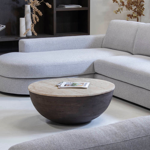 Giga Meubel Salontafel Aiden Rond - Travertin/Hout - Donkerbruin - 90x90x38cm