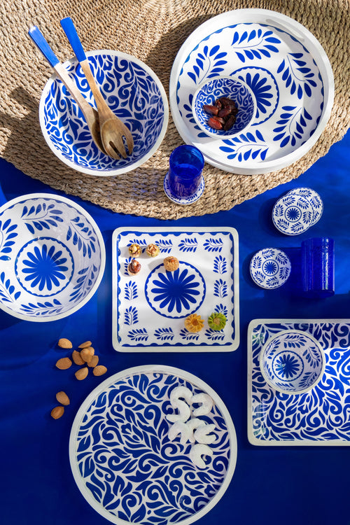 J-Line onderzetter Bloemen - hout - blauw/wit - set van 4 - vtwonen shop