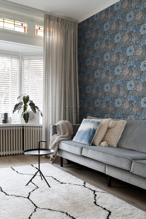 ESTAhome behang vintage bloemen vergrijsd blauw en warm grijs - 53 cm x 10.05 m - 139480