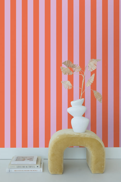 ESTAhome behang strepen oranje en lila paars - 53 cm x 10.05 m - 139904 - vtwonen shop