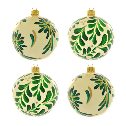 Dagmara kerstballen – crème – glas – set van 4 – met groene bloemenmotief