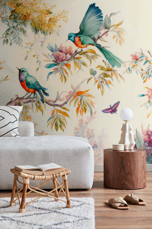 Sanders & Sanders fotobehang tropische jungle bladeren en paradijsvogels turquoise en beige - 300 x 279 cm - 950028 - vtwonen shop