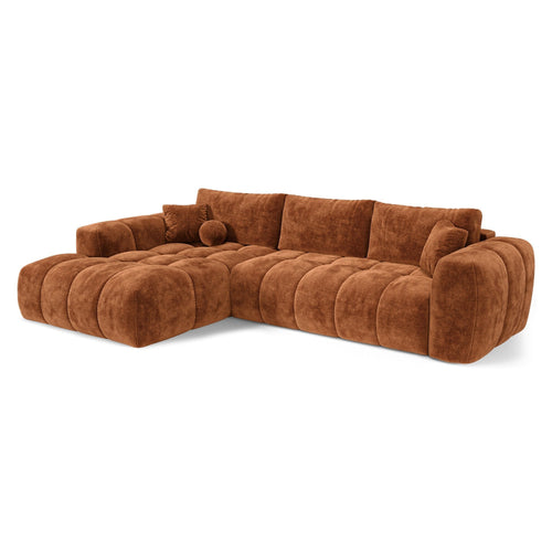 Premium Interiors - Linkshoekbank met slaapfunctie en opbergruimte SKY - gewaafd fluweel terracotta 310cm