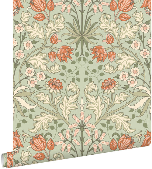 ESTAhome behang vintage bloemen in art nouveau stijl groen en terracotta - 50 x 900 cm - 131180 - vtwonen shop