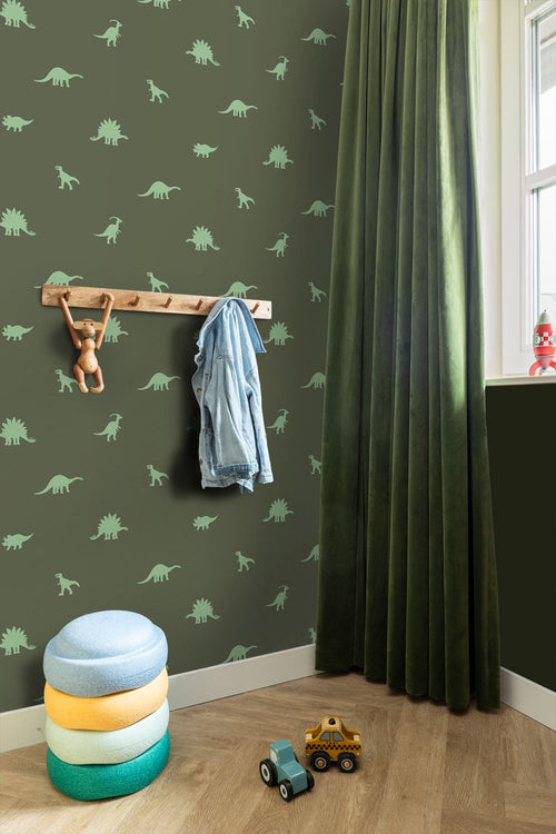 ESTAhome behang dinosaurussen donkergroen - 50 x 900 cm - 131802