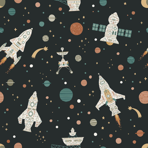 ESTAhome behang planeten in de ruimte zwart, groen en bruin - 50 x 900 cm - 132071