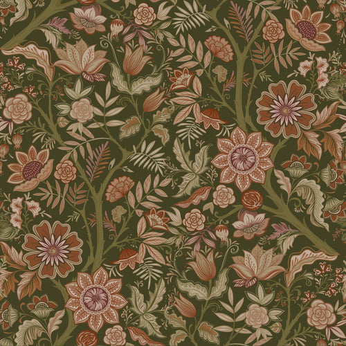 ESTAhome behang vintage bloemen donkergroen en terracotta bruin - 53 cm x 10.05 m - 131334