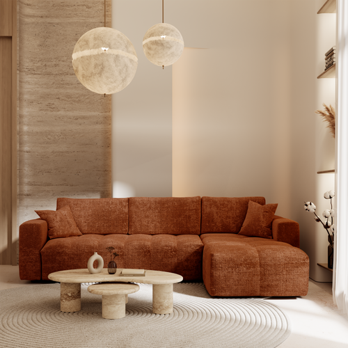 Premium Interiors - Rechthoekige hoekbank met snelle slaapfunctie VIBE - gewaafd fluweel terracotta 286cm