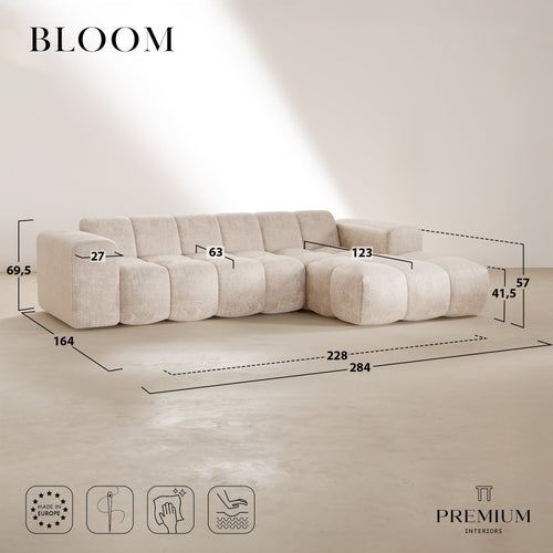Premium Interiors - Rechthoekige hoekbank BLOOM - gewaafd fluweel beige 290cm