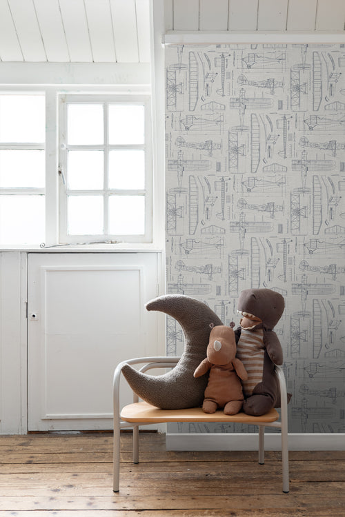 ESTAhome behang constructietekeningen van vliegtuigen taupe en grijsblauw - 53 cm x 10.05 m - 139960 - vtwonen shop