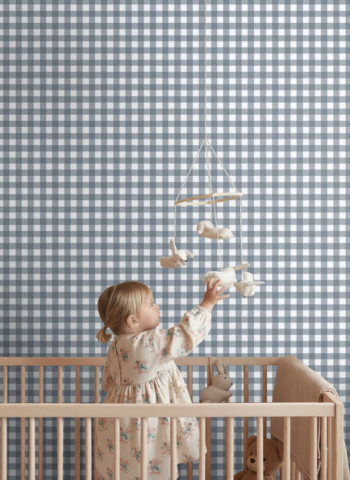 ESTAhome behang geblokt motief blauw - 50 x 900 cm - 132126
