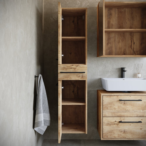 Badplaats Wastafelkast Set Florence 60 x 35 cm – Kastanje Eiken – Badmeubel met Spiegelkast en Kolomkast
