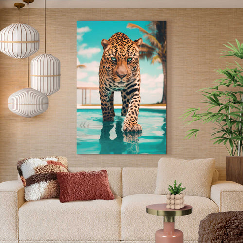 Reinders Pool Leopard glasschilderij -  blauw - hobbyruimte - 116x78cm