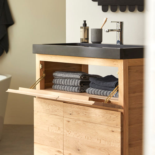 Tikamoon Massief eikenhouten en lavastenen badkamermeubel 80 cm - Naturel - vtwonen shop