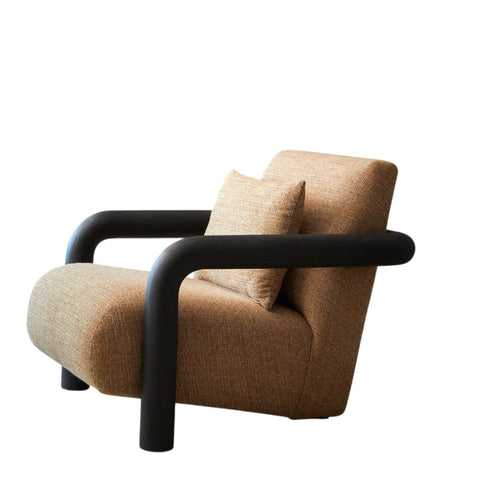 Tikamoon Lage fauteuil in massief mindihout en bruine stof - Lichtbruin