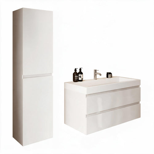 LOMAZOO badmeubelset Azuro - met kolomkast & witte wastafel - glanzend wit - 100 cm