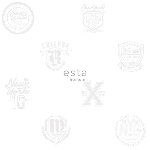 ESTAhome behang school emblemen zilver op wit - 53 cm x 10.05 m - 128805