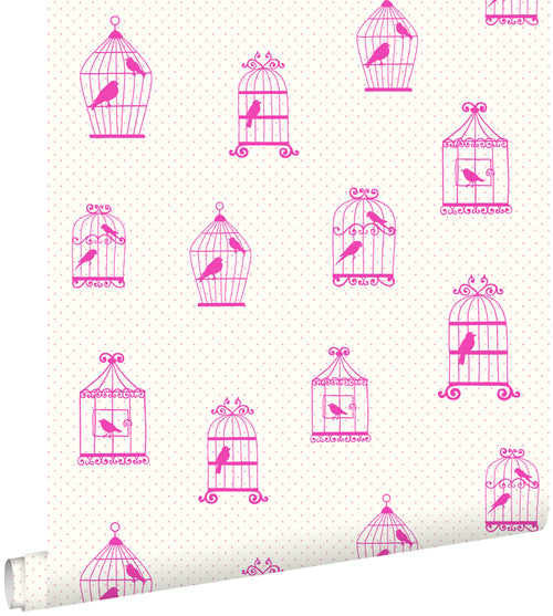 ESTAhome behang getekende vogelkooitjes roze - 53 cm x 10.05 m - 137338