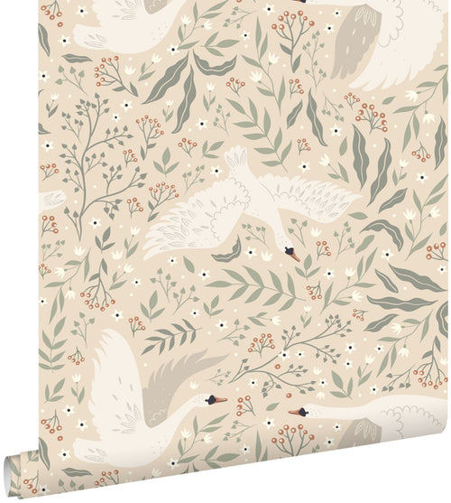 ESTAhome behang zwanen beige, wit en vergrijsd groen - 53 cm x 10.05 m - 139797