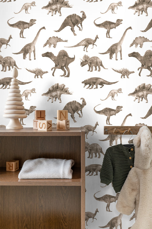 ESTAhome behang dinosaurussen donker beige - 50 x 900 cm - 131202