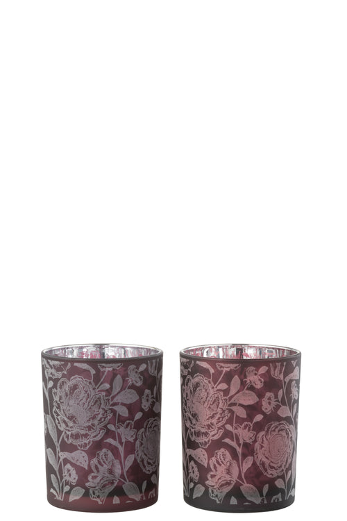 J-Line windlicht Bloemen - glas - paars/zilver - medium - 2 stuks
