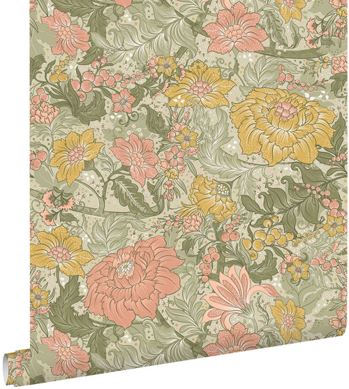 ESTAhome behang vintage bloemen vergrijsd groen, roze en okergeel - 50 x 900 cm - 131195 - vtwonen shop