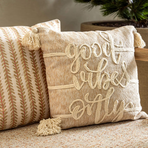 ZILA - sierkussen 45x45 cm - bladmotief - Almond Buff - bruin, beige