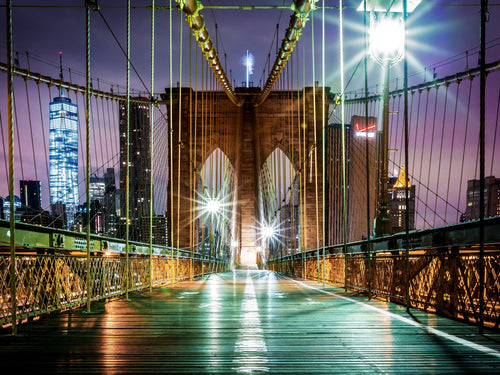 Sanders & Sanders fotobehang Brooklyn Bridge New York paars, groen en bruin - 375 x 270 cm - 600544